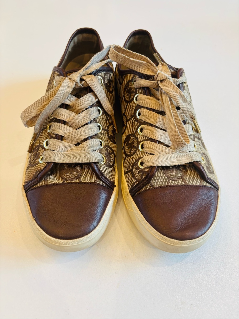 Michael Kors Beige Monogram Canvas Sneakers with Brown Leather Trim size 7.5 - Picture 7 of 7